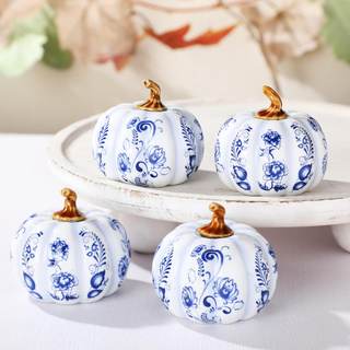 4 Pcs Chinoiserie Ceramic Pumpkins Fall Decorations Blue and White Porcelain Decoration…