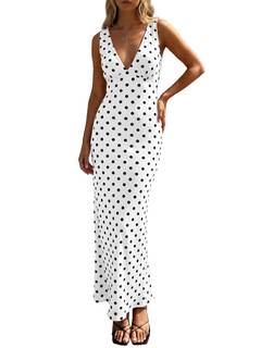 Wenrine Womens Summer Polka Dot Maxi Dress Mesh V Neck Wedding Guest Dress | Sexy Deep V…