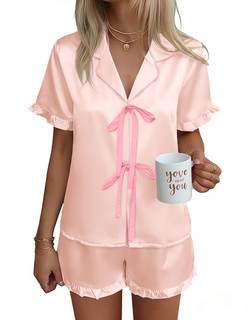 Ekouaer Satin Pajama for Women Short Sleeve Silky Pj Short Sets Lounge Set | Bow Front…