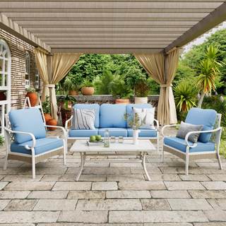 MIXPATIO 4-Piece Metal Outdoor Conversation Set, 5 Seats, Blue/Fixed Chair | Coffee…