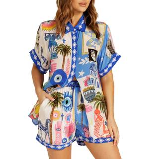 Women's Summer 2 Piece Shorts Set Button Down Short Sleeve Shirt Drawstring Shorts Beach…