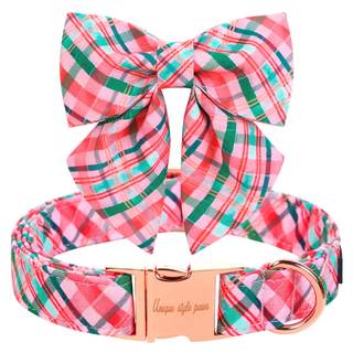 Unique style paws Dog Collar with Tie Pink & Green Plaid Dog Collar Best Gifts for Small…
