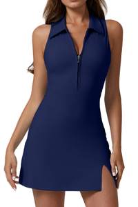 QINSEN Womens Zip Front Tennis Dress Polo Collar Racer Back Workout Golf Dresses Build in…