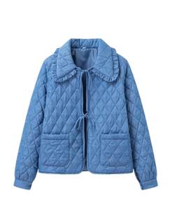 Women's Ruffled Cropped Quilted Jacket Tie-Front Winter | Frilled Peter Pan Collar…