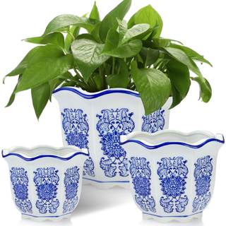 Briwooody Set of 3 Blue and White Porcelain Flower Pots 7.2'' 6'' 4'' Decorative…