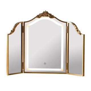 HSDDHOME Antique Gold Triple Fold Makeup Mirror with Tri-Color LED Lighting & Dimming…