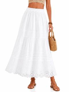 Women’s Cotton Midi Skirt with Elastic Waist Embroidered Eyelet Detail Pintuck Flowy A…