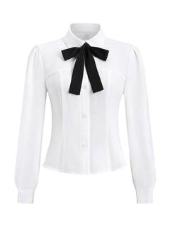 SweatyRocks Women's Puff Long Sleeve Button Down Fitted Crop Shirt Top Dressy Casual Bow…
