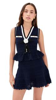 Self Portrait Women's Navy Peplum Pointelle Knit Mini Dress Medium Navy