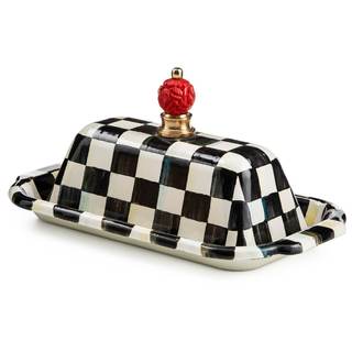 MACKENZIE-CHILDS Enamel Butter Box with Lid, Black-and-White Courtly Check | Hand-painted…