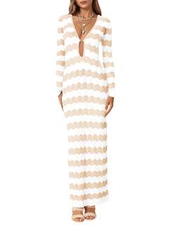 Saodimallsu Womens Crochet Summer Maxi Dress Striped Sexy Cut Out V Neck Long Sleeve Knit…