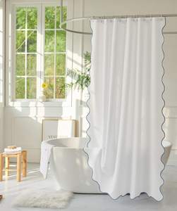 White Fabric with Water Blue Scalloped Border Shower Curtain,Boho Chic Cloth Shower…