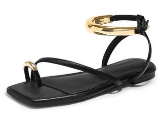 Coutgo Womens Strappy Flat Sandals Flip Flops Open Toe Ring Sandals Metal Ankle Strap…