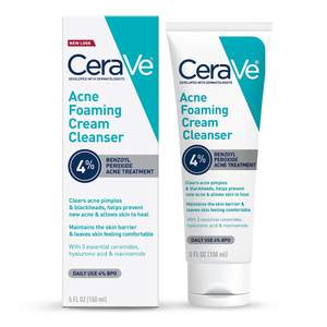 CeraVe Acne Foaming Cream Cleanser, 4% Benzoyl Peroxide Face Wash With Hyaluronic Acid…