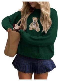 Floerns Women's Bear Long Sleeve Pullover Sweater Cute Crew Neck Knitted Tops