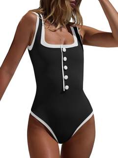 Saodimallsu Womens One Piece Swimsuit Vintage Ribbed Slimming High Cut Color Block Button…