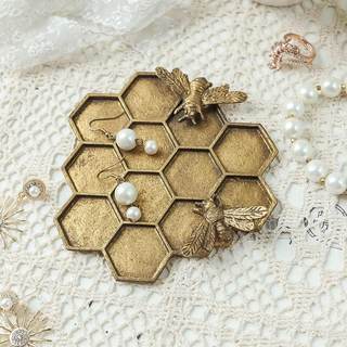 SOFFEE DESIGN Vintage Jewelry Tray Honeycomb Shape with Lovely Bees, Rustic Gold Jewelry…