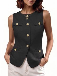 Mina Self 2026 Summer Women's Sleeveless Tweed Vest Tops - Button Front Fully-Lined Work…