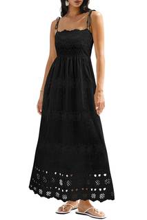 dowerme Womens Spaghetti Strap Eyelet Cotton Boho Maxi Dress | Summer Casual Square Neck…
