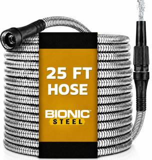 BIONIC STEEL 25 Ft Metal Garden Hose with Sprayer Nozzle | Non Kinking Design, Stainless…