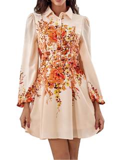 Women's Button Front Floral Collared A Line Short Vocation Dress | Lapel,Belt…