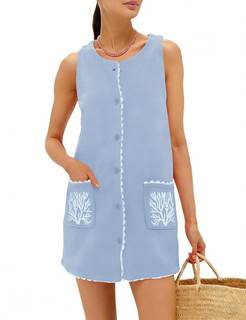Sleeveless Mini Dress for Women Faux Suede Soft Cover Up with Button Front Summer Casual…