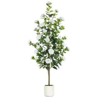 BLOSMON 5ft Artificial Camellia Tree for Outdoor Front Porch Decor, White | With Pot…