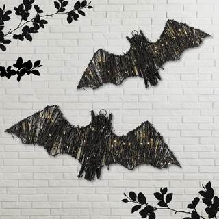Glooglitter 2 Pack Rattan Bats with Hanging Loops Halloween Lights 3D Lit Woven Bats with…