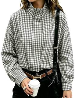 Women's Gingham Long Sleeve Jacket Zip Up Stand Collar Cropped Coat Ruffle Hem Vintage…