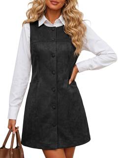 Wenrine Women Faux Suede Pinafore Dress Fall Button Mini Vest Dresses | Side Pockets…
