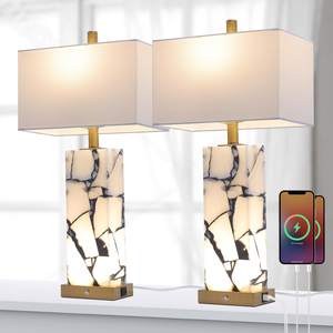 25.7" Natural Marble Table Lamps Set of 2, Alabaster Lamp with Nightlight | 3CCT Bedside…
