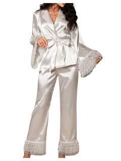 Verdusa Womens Silk Pajamas Set 2 Piece Lace Satin Pjs Ruffle Long Sleeve Belted Top and…