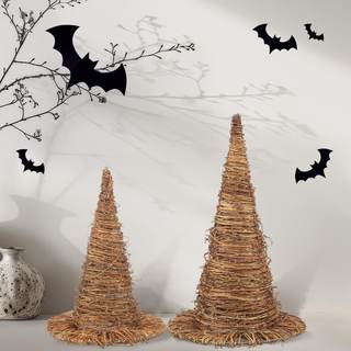 Leinuosen 2 Pcs Halloween Rattan Witch Hat Decor with String Lights Wicker Wizard Hats…