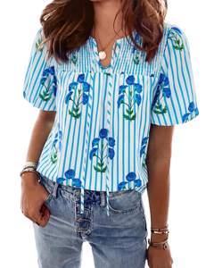 KIRUNDO Boho Tops for Women Summer 2026 Floral Puff Short Sleeve Blouse | Lightweight…
