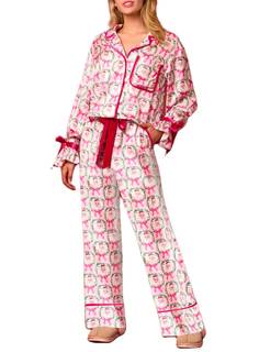 Argeousgor Christmas Pajamas for Women Bow Tie Long Sleeve Shirt Pants Satin Silk Funny…