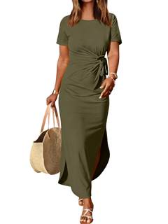 Prinbara Womens Summer Maxi Dress Casual Short Sleeve Tie Waist Split Long Tshirt Dresses…