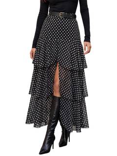 Wenrine Womens Maxi Skirt Polka Dot Front Split Tiered Retro Plaid Skirts | Medra…