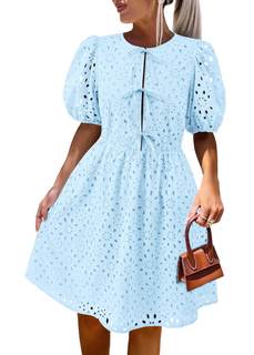 KIRUNDO Eyelet Summer Dresses for Women 2025 Short Sleeve Tie Front Babydoll A Line…