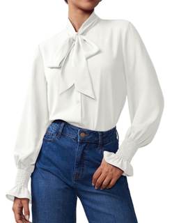 Neweek Chiffon Blouses for Women Bow Tie Neck Long Sleeve Dressy Casual Smocked Cuffed…