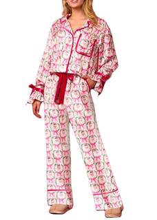 Argeousgor Women 2 Piece Satin Pajamas Set Bow Tie Long Sleeve Button Shirts Silk Pants…