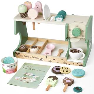 Wooden Ice Cream Toy, 3-in-1 Ice Cream Counter with Coffee Maker 28 PCS Toddler Pretend…