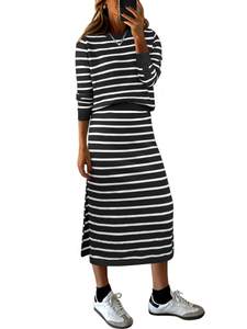 ANRABESS Women 2 Piece Striped Sweater Skirt Set | Cozy Knit Matching Outfit, Crew Neck…