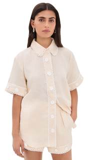 English Factory Women's Floral Linen Button Down Shirt Medium Light Beige