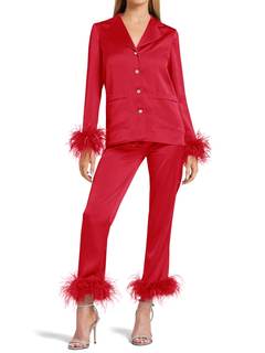Women's Silk Satin Pajama Set Feather Trim Bridal Long Sleeve Lounge Sets | Feather…