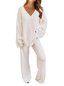 MEROKEETY Women's Fall Fleece 2 Piece Outfits Pajama Lounge Sets | Long Sleeve, V Neck…