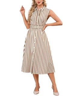 Women's Sleeveless Striped Shirt Dress with Belt Casual Button Down Midi A-Line 2026…