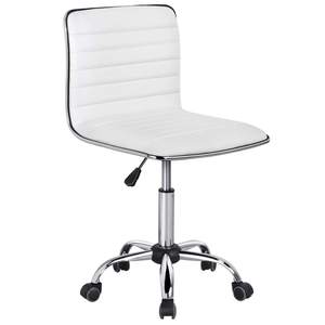 Yaheetech White Armless Vanity Desk Chair with Wheels, Ribbed PU Leather | Cushioned faux…
