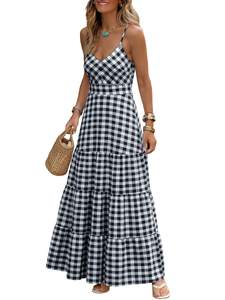 Caracilia Women's Gingham Striped Smocked Maxi Dress | Spaghetti Strap,Pockets,V Neck…