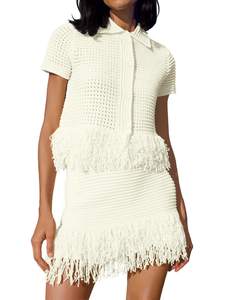 Fisoew Womens 2 Piece Outfits Crochet Short Sleeve Button Knit Sweater Tops and Fringe…