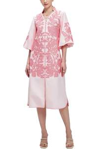 D-Sun Women Floral Embroidered Mid Dress 3/4 Sleeves Casual V-Neck Spring Summer Tunic…